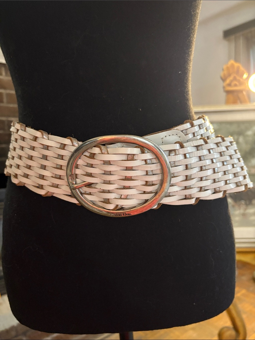 Calvin Klein Cream Woven Belt with Oval Silver Buckle